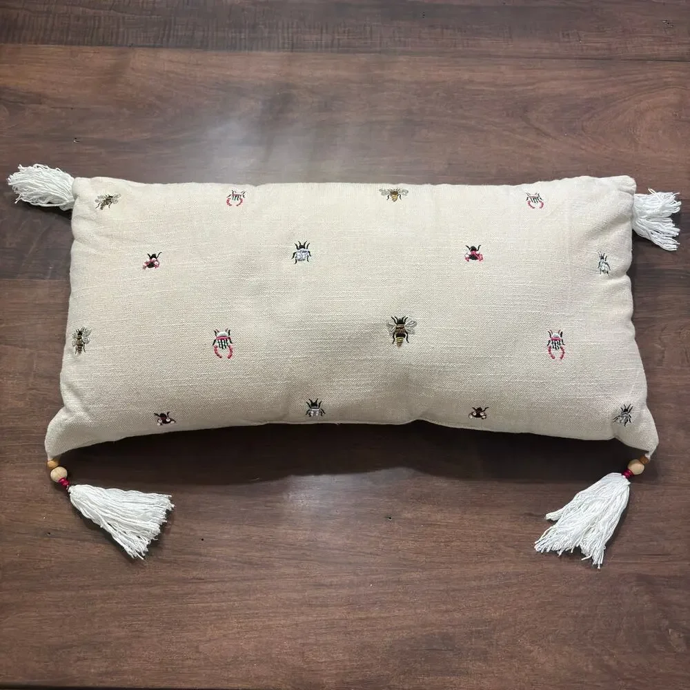 Bug Insect Butterfly Embroidered Pillow w/ Tassels, Beetles, Bees, ladybugs 22